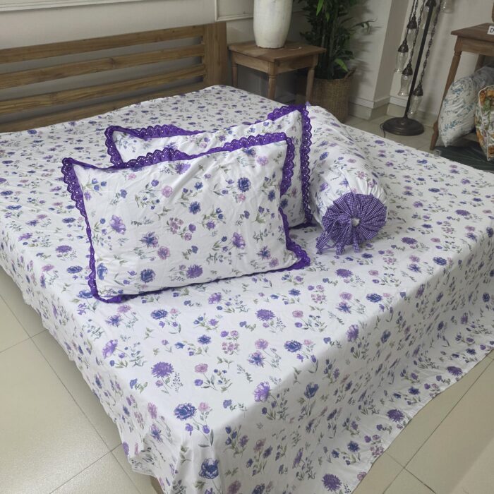 Premium Twill Cotton Fabric Bedsheet Set _White & Purple