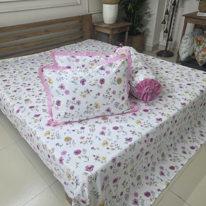 Premium Twill Cotton Fabric Bedsheet Set _White & Pink