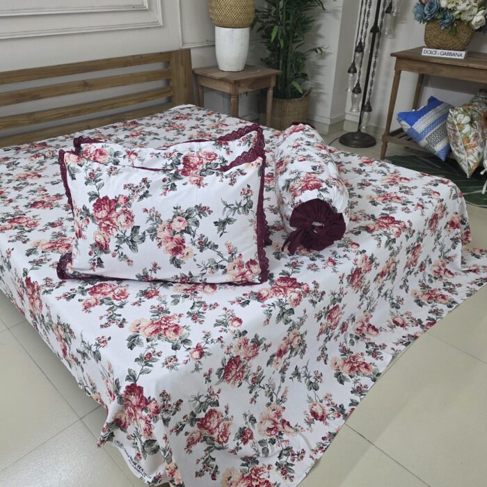 Premium Twill Cotton Fabric Bedsheet Set _White & Maroon